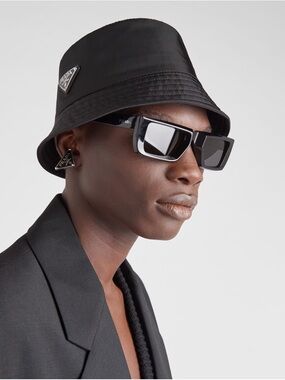 Prada Black Nylon Logo Bucket Hat with COA